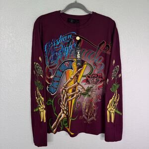 Christian Audigier Shirt Mens Large Celebrate Life Skull Rhinestone Y2K Tattoo